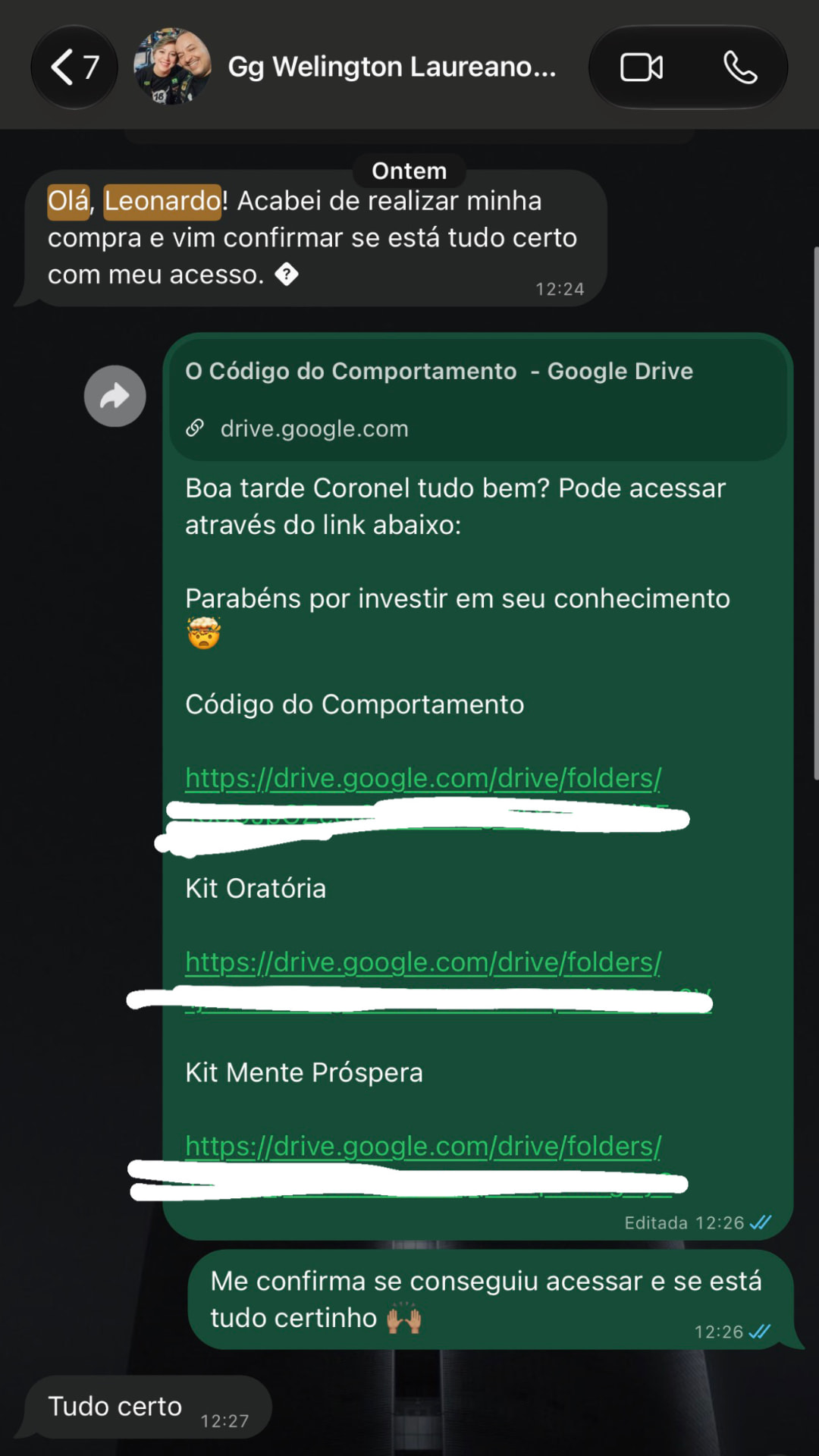 Conversa de WhatsApp com cliente recebendo o acesso aos livros